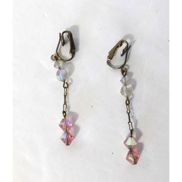 Vintage Pink Clear Beaded Dangle Clip-On Earrings Gold Tone 2 Inches - Picture 1 of 4